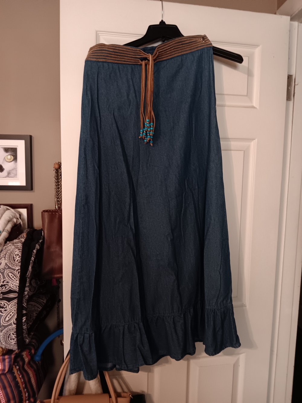 Canon Denim-Style Blue Maxi Skirt with Brown Braided Waist